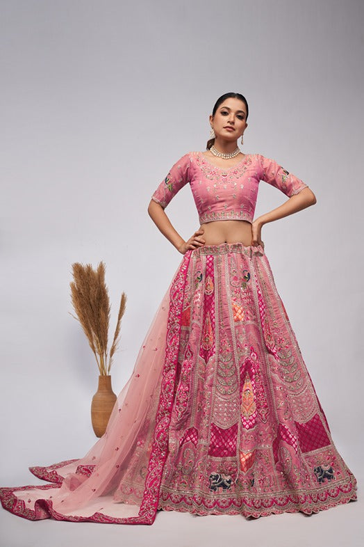 Women Pretty Pink Silk Intricate Paisley Motifs Traditional Embroidered  Wedding Lehenga. WomensFashionFun