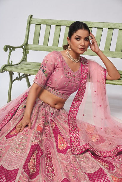 Women Pretty Pink Silk Intricate Paisley Motifs Traditional Embroidered  Wedding Lehenga. WomensFashionFun