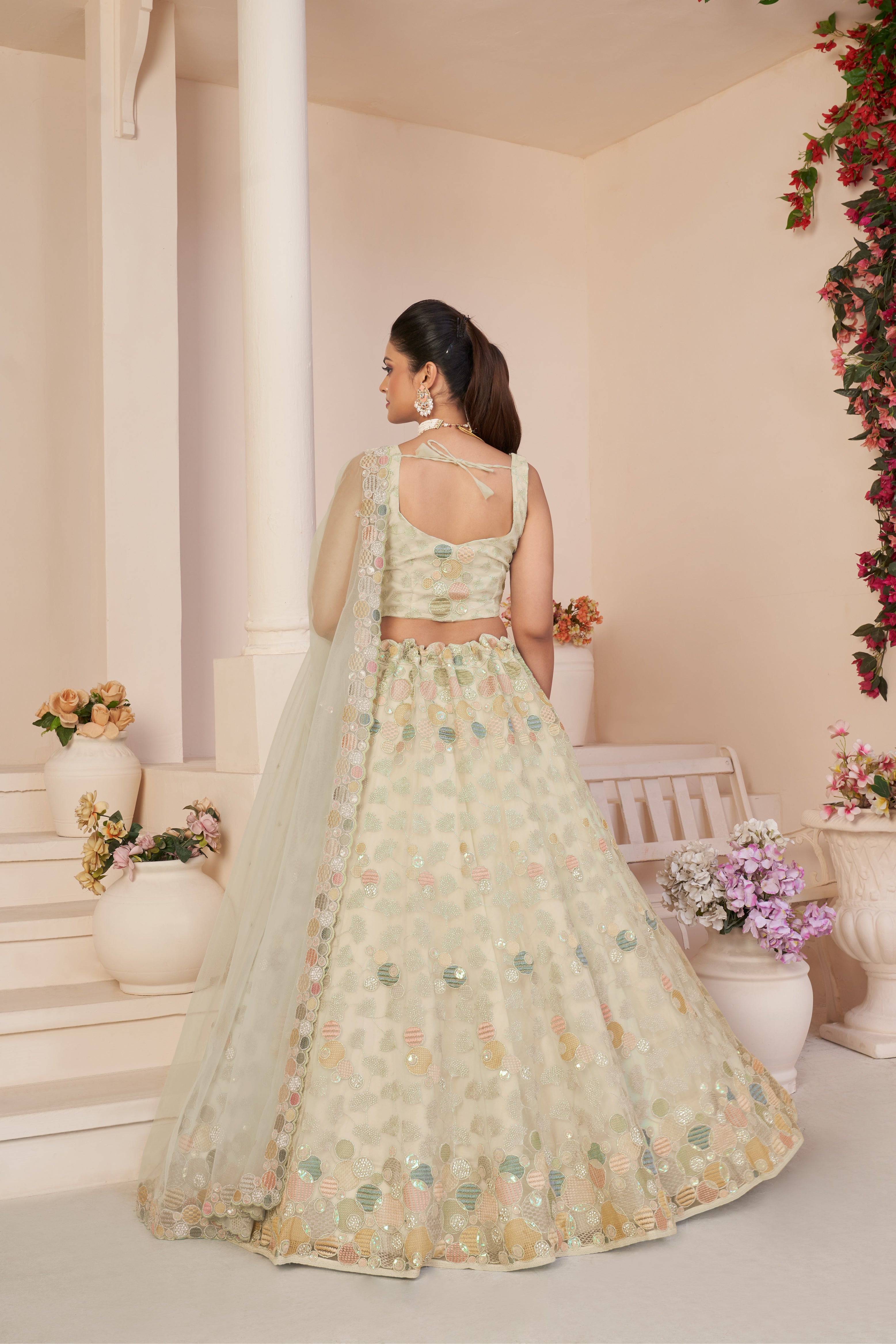 Women Ivory Organza Silk Intricate Paisley Motifs Traditional  Embroidered  Wedding Lehenga. WomensFashionFun