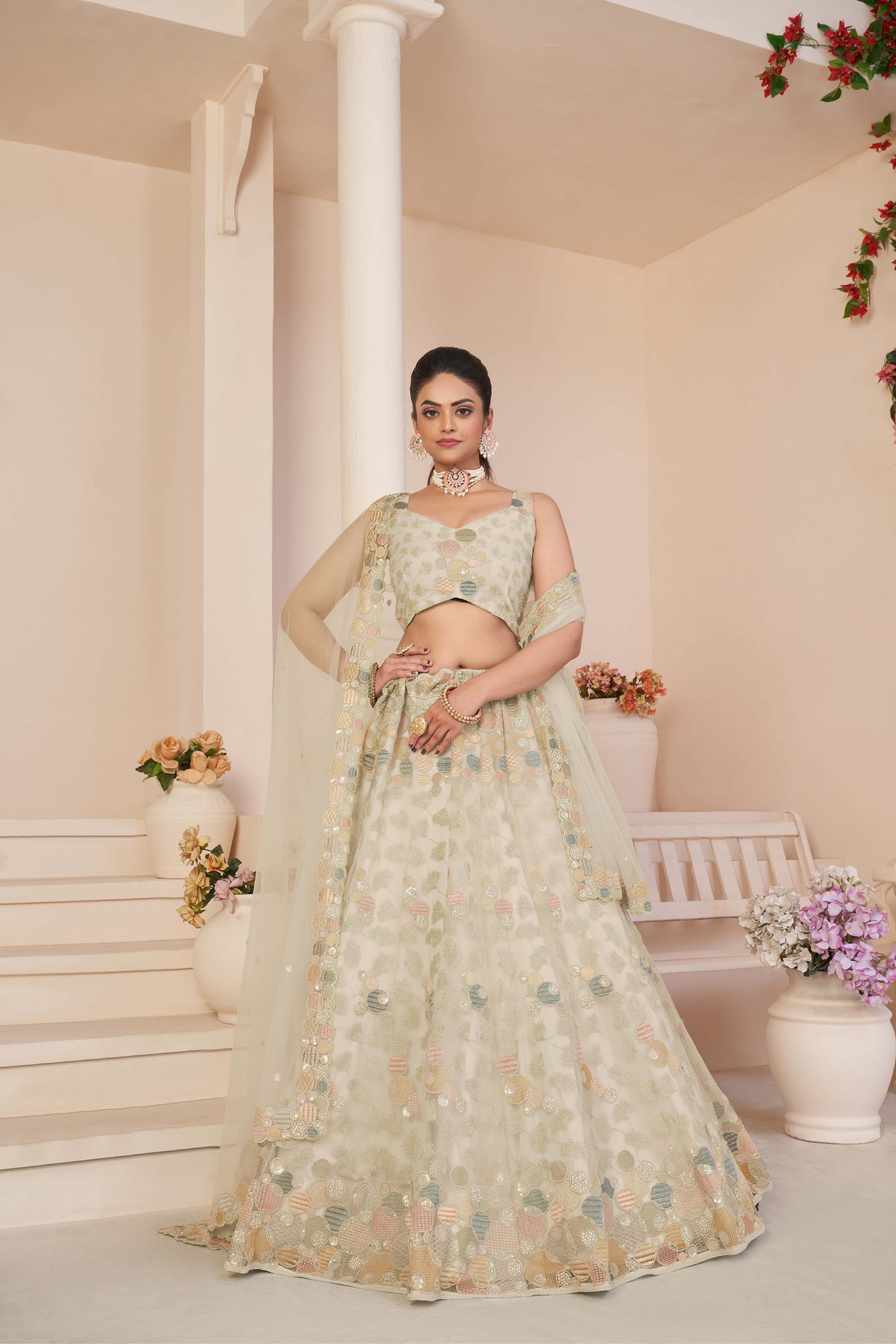 Women Ivory Organza Silk Intricate Paisley Motifs Traditional  Embroidered  Wedding Lehenga. WomensFashionFun