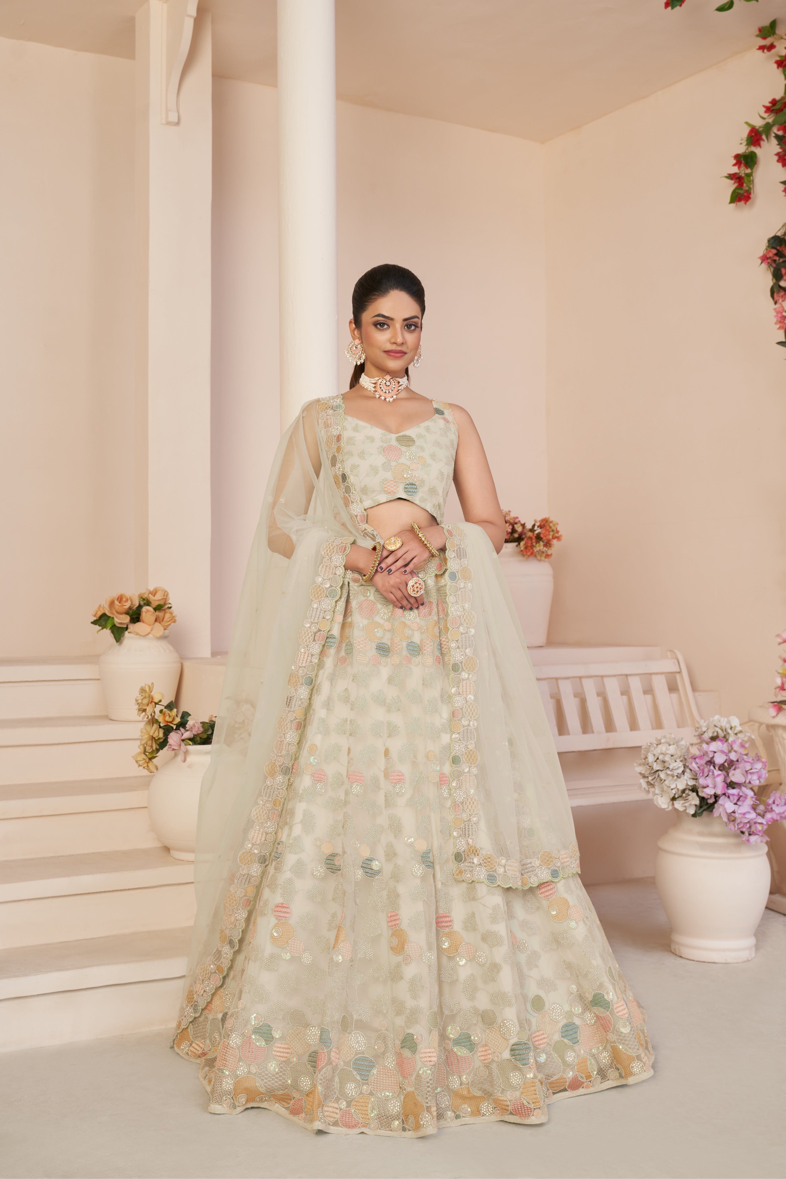 Women Ivory Organza Silk Intricate Paisley Motifs Traditional  Embroidered  Wedding Lehenga. WomensFashionFun