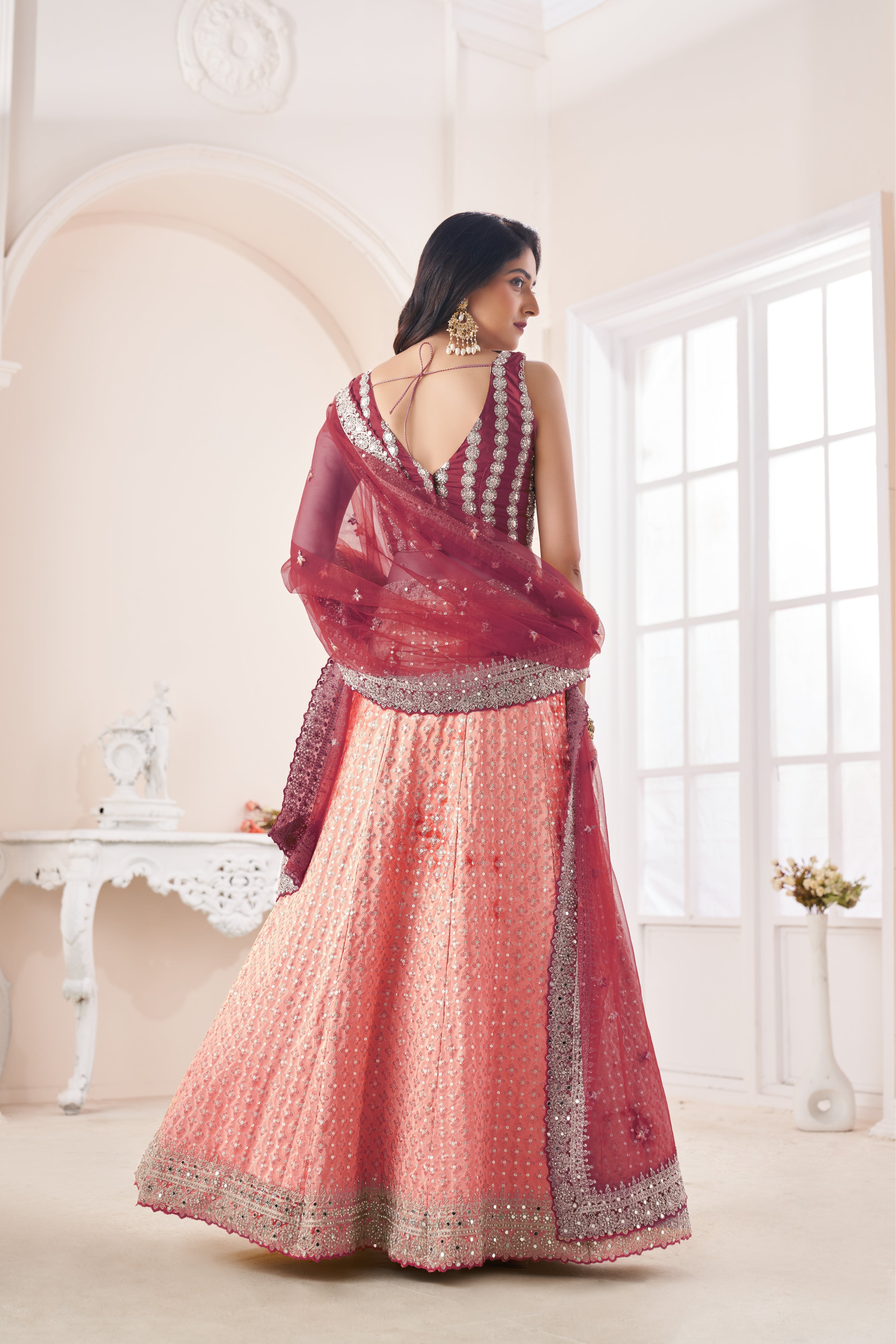 Women Mystic Peach Embroidered  Zari And Sequins Work Perfect Stylish Lehenga WomensFashionFun