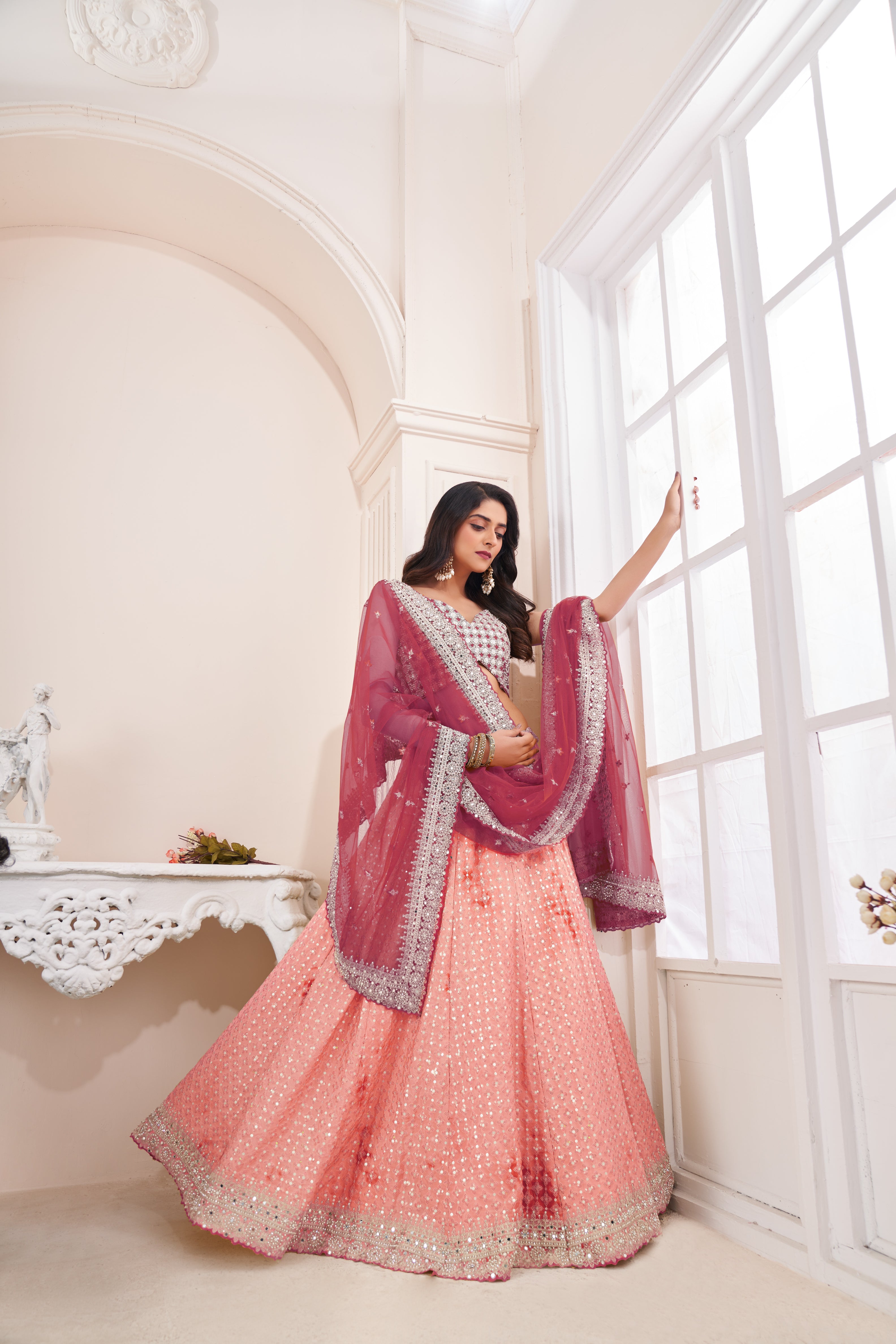 Women Mystic Peach Embroidered  Zari And Sequins Work Perfect Stylish Lehenga WomensFashionFun