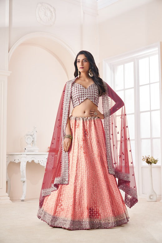 Women Mystic Peach Embroidered  Zari And Sequins Work Perfect Stylish Lehenga WomensFashionFun