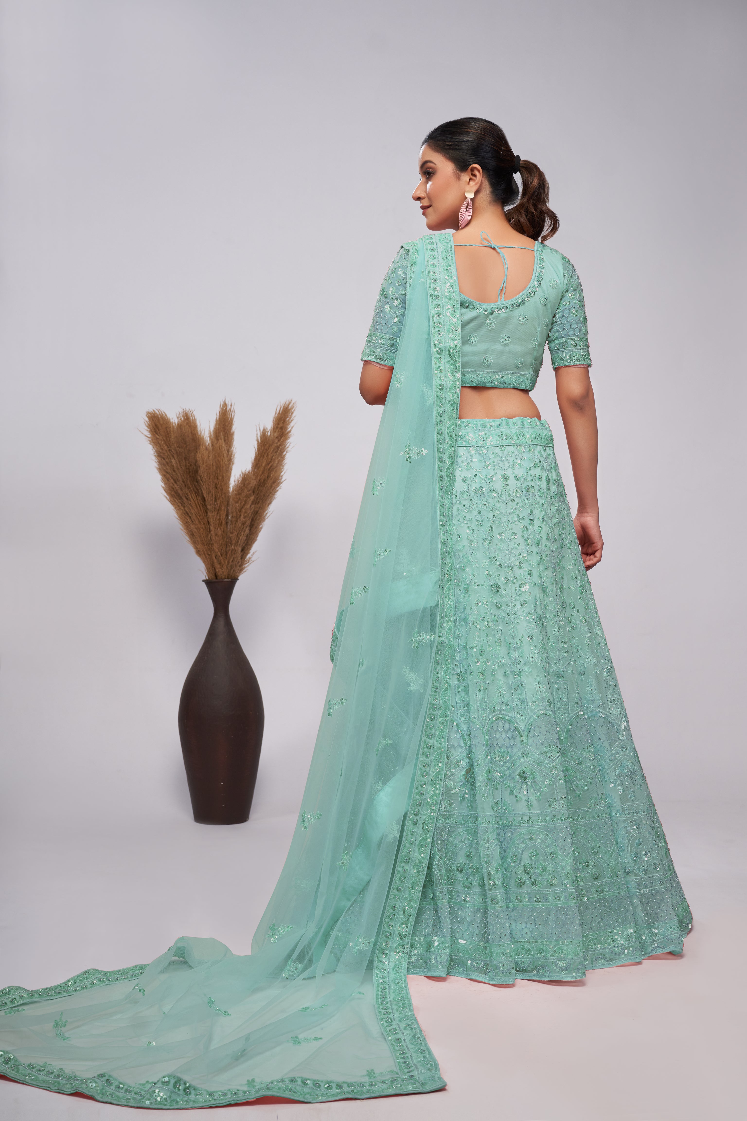 Women Sky Blue Sequins Androned With Pearl And Sequins Intricate Embellishments For Beautiful Bride WomensFashionFun