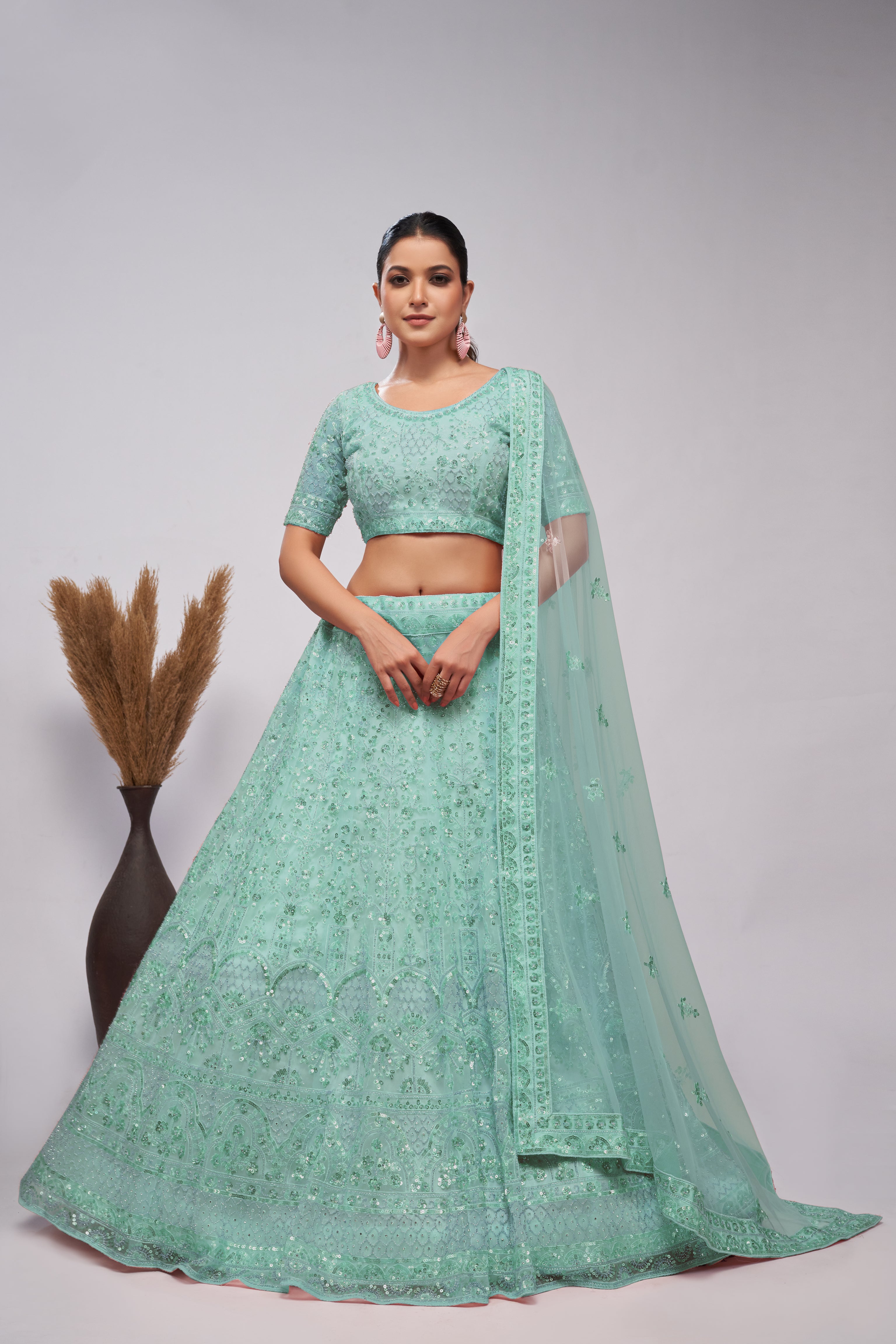 Women Sky Blue Sequins Androned With Pearl And Sequins Intricate Embellishments For Beautiful Bride WomensFashionFun