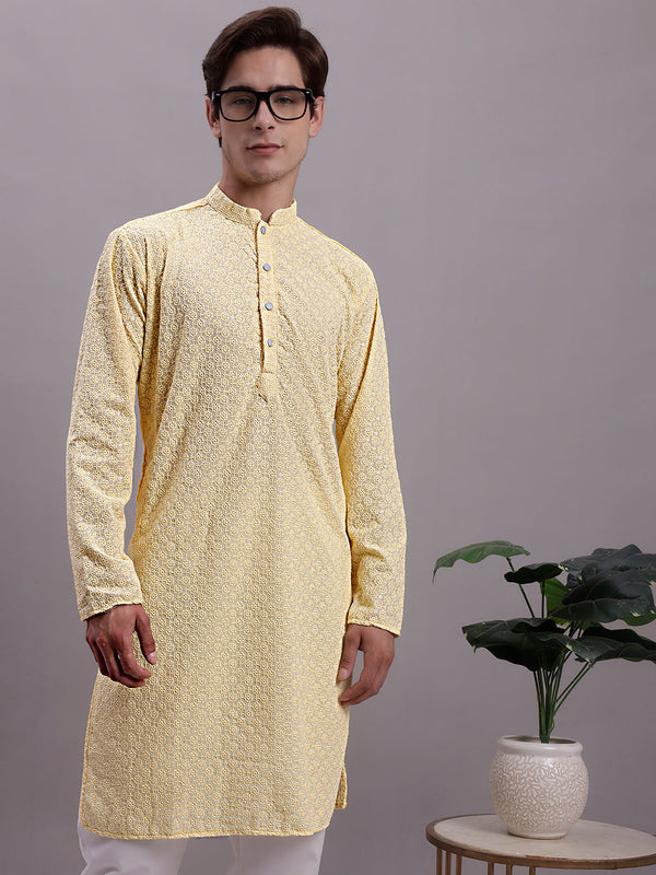 Men's Yellow Chikankari Embroidered and Sequence Kurta | WomensFashionFun.com