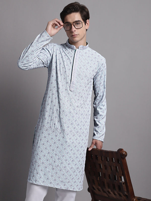 Men's Blue Chikankari Embroidered and Sequence Kurta | WomensFashionFun.com