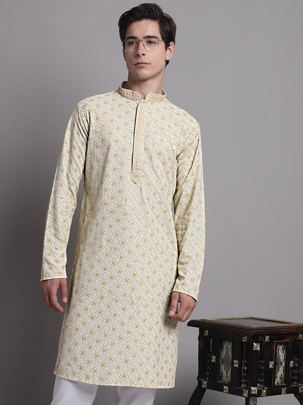 Men's Light Green Chikankari Embroidered and Sequence Kurta | WomensFashionFun.com