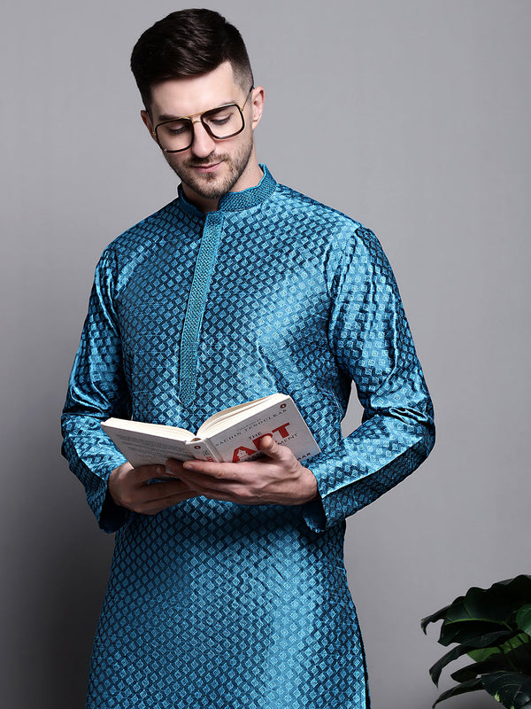 Men's Peacock Blue Collar Embroidered Kurta. | WomensFashionFun.com