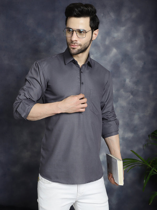 Men's Grey Solid Short Kurtas  | WomensFashionFun