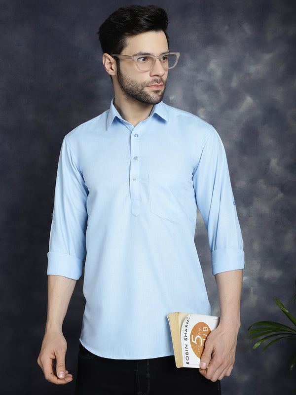 Men's Light Blue Solid Short Kurtas  | WomensFashionFun