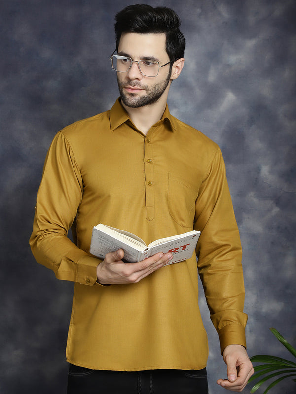 Men's Mustard Solid Short Kurtas  | WomensFashionFun