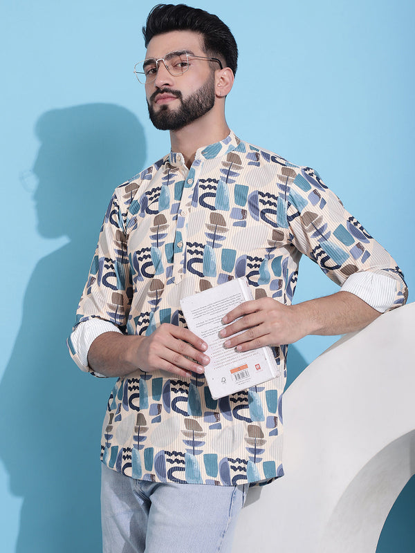 Men Printed Corduroy Short Kurta | WomensFashionFun