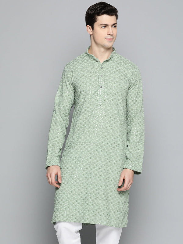 Men Pista Green Chikankari Embroidered and Sequence Kurtas | WomensFashionFun.com