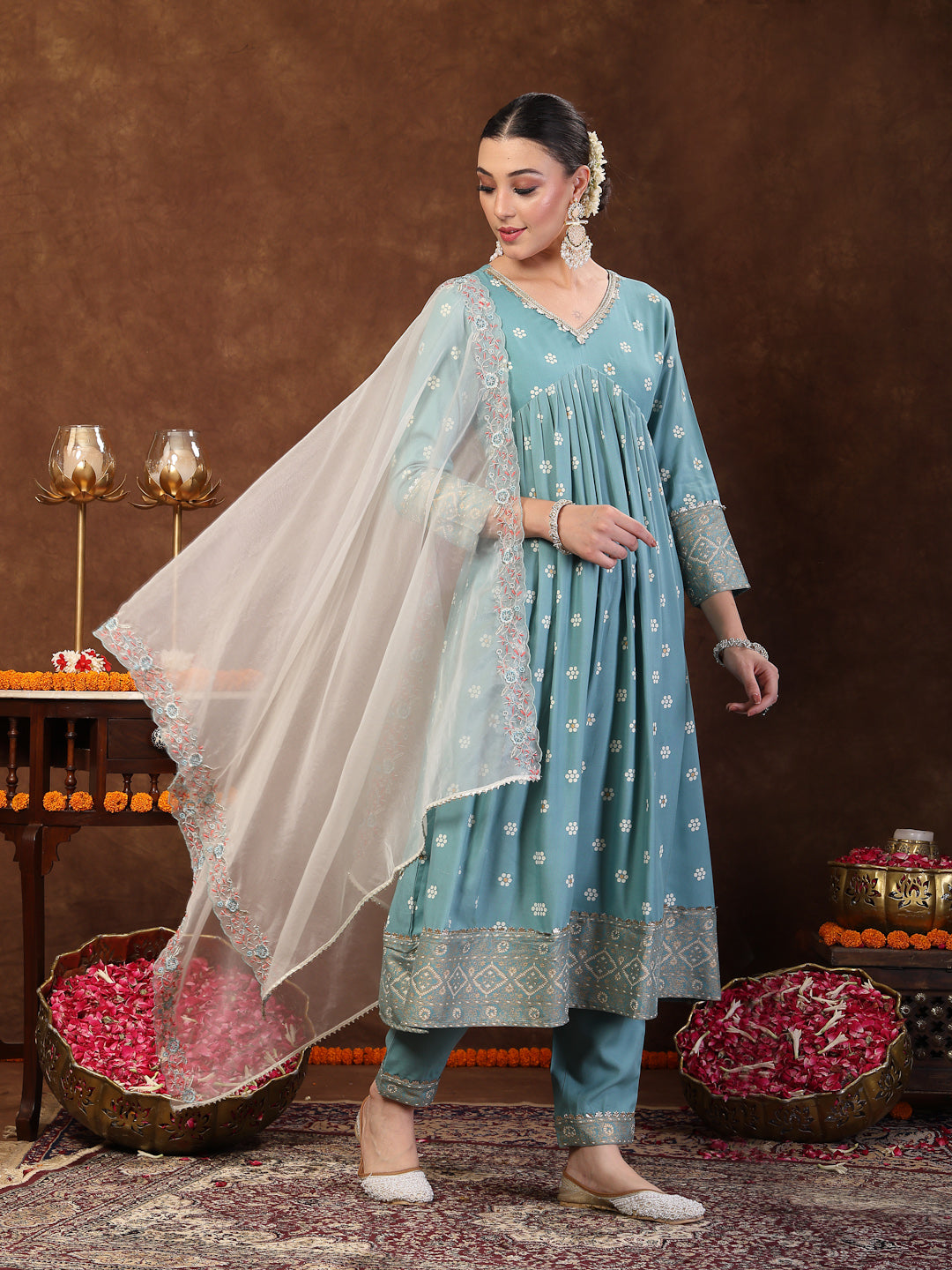 Aqua Blue Printed & Embroidered Rayon Anarkali Kurta Pant Dupatta Set