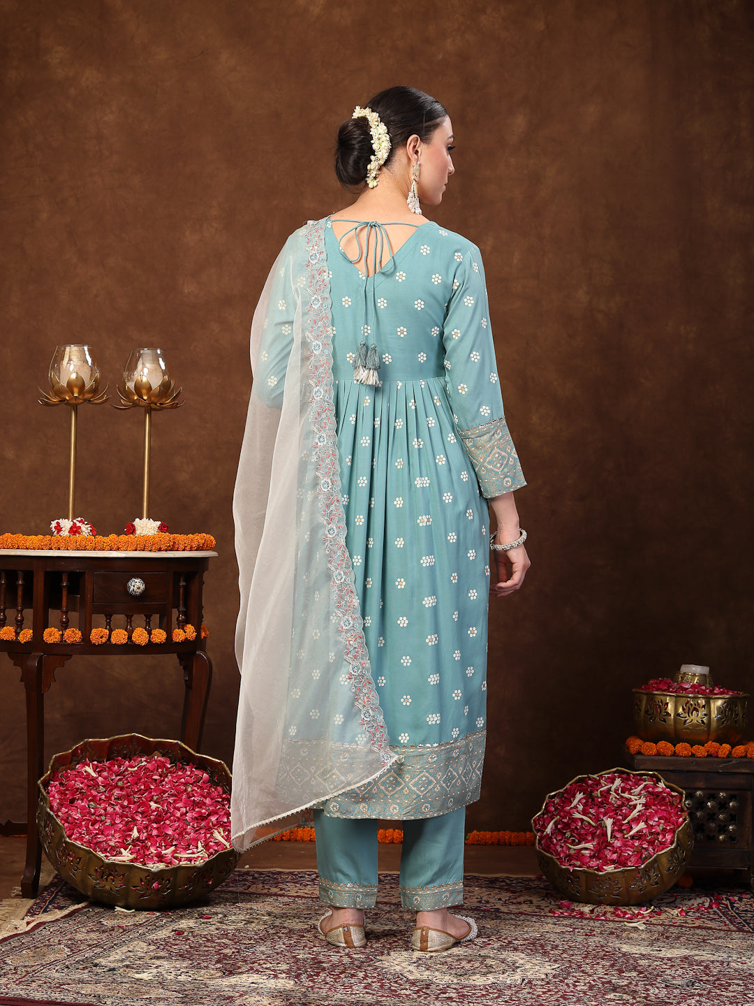 Aqua Blue Printed & Embroidered Rayon Anarkali Kurta Pant Dupatta Set