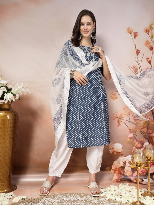 Blue Lehriya Printed & Embroidered Cotton Straight Kurta Pant Dupatta Set