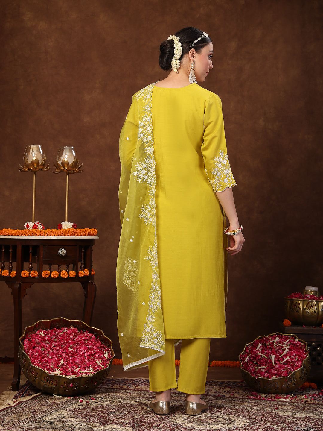 Lime Green Solid & Embroidered Silk Straight Kurta Pant Dupatta Set