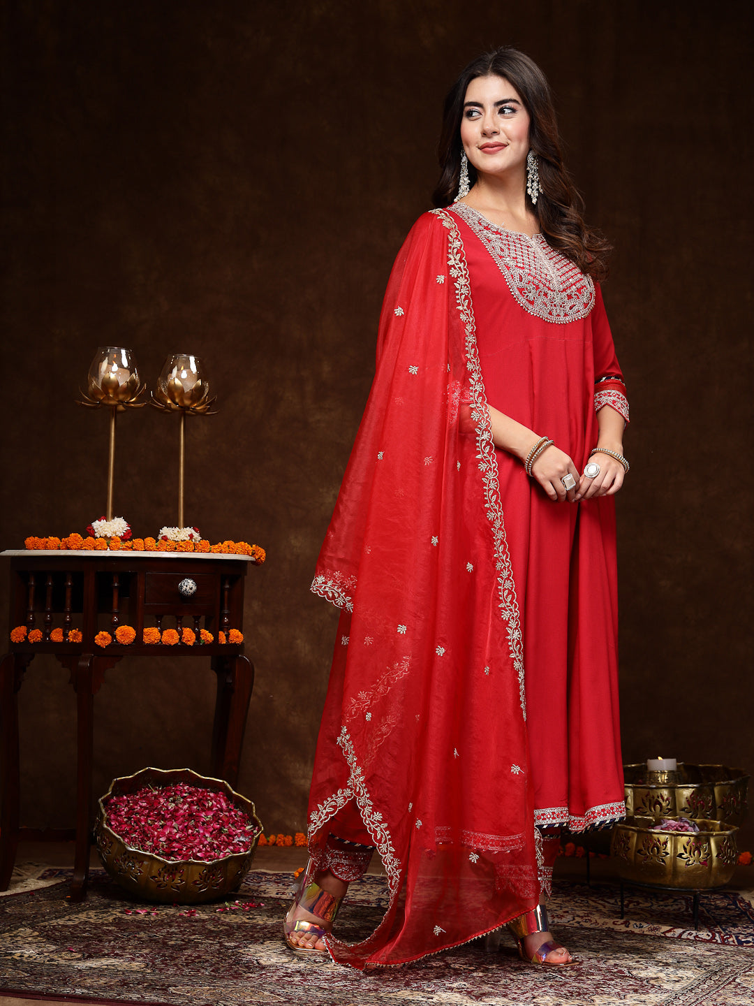 Red Solid & Embroidered Rayon Anarkali Kurta Pant Dupatta Set