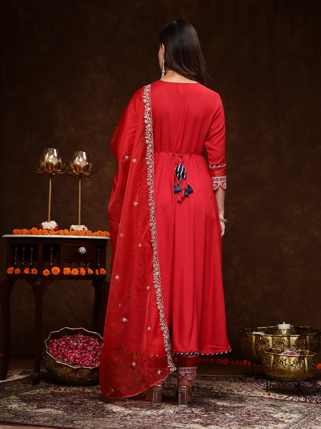 Red Solid & Embroidered Rayon Anarkali Kurta Pant Dupatta Set