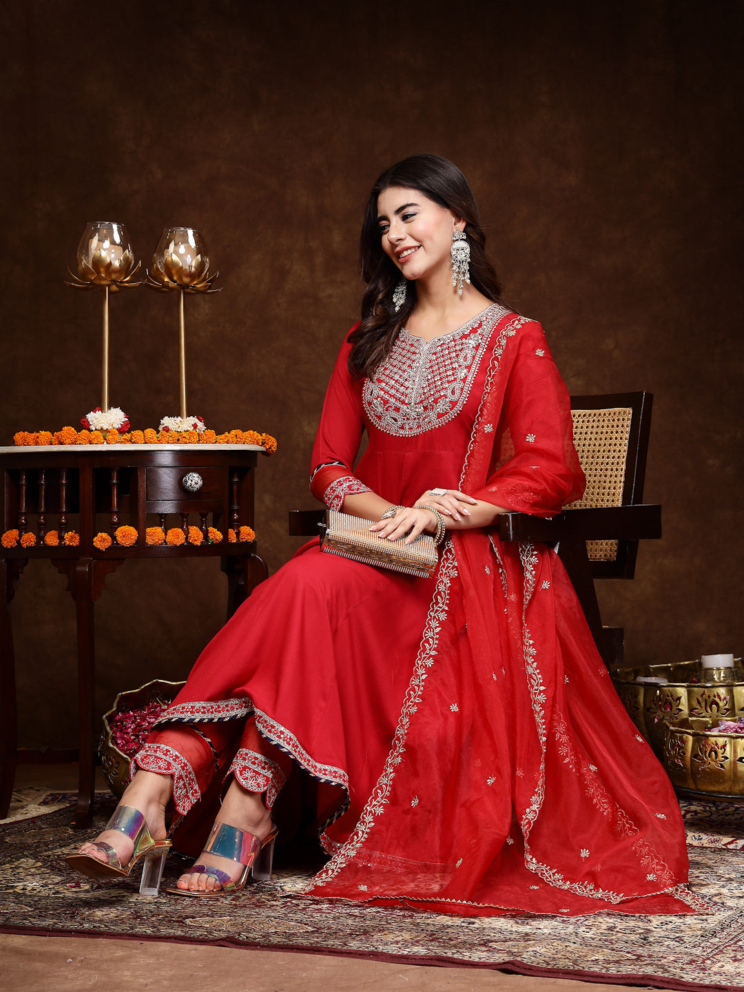 Red Solid & Embroidered Rayon Anarkali Kurta Pant Dupatta Set