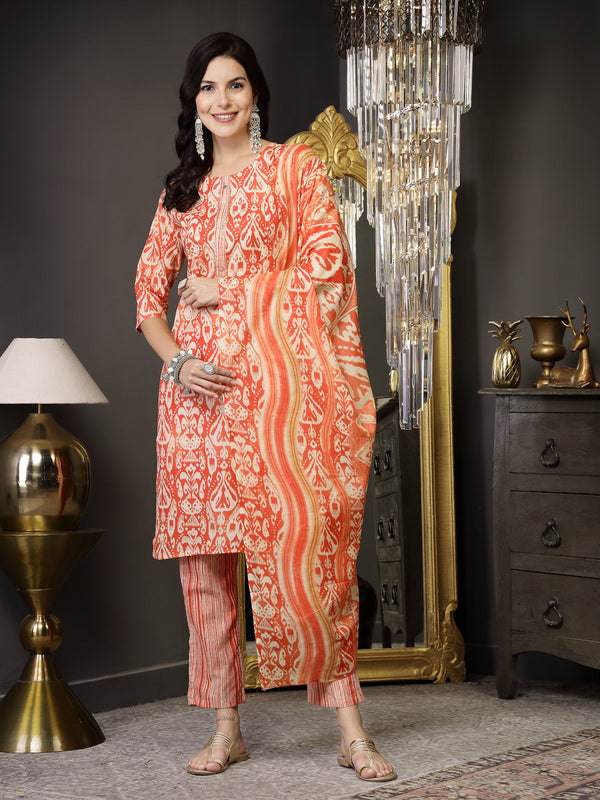 Rust Printed Cotton Straight Kurta Pant Dupatta