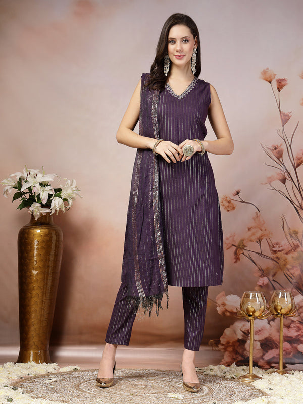 Woven Designed Cotton Blend Straight Kurta Pant Dupatta Set | WomensFashionFun