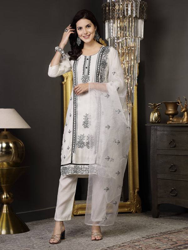 White Pakistani Solid & Embroidered Silk Blend Straight Kurta Pant Dupatta