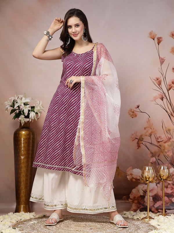 Wine Lehriya Printed Cotton Straight Kurta Sharara Dupatta Set