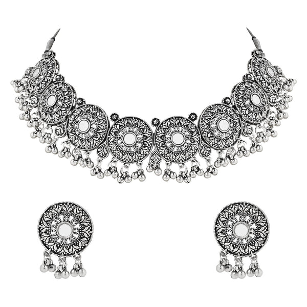 Navratri Ethnic Silver Oxidized Traditional Afghani Choker Necklace Jewellery Set for Women (MC135OX-40-41) (Style3) | Womensfashionfun