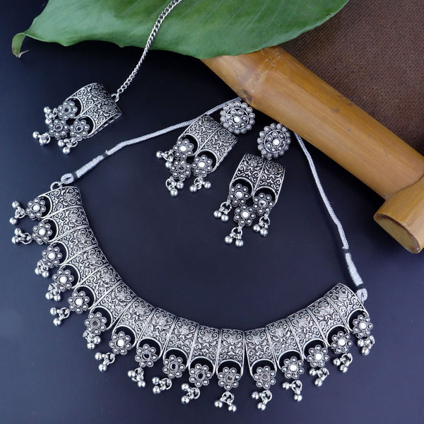 Navratri Ethnic Silver Oxidized Traditional Afghani Choker Necklace Jewellery Set for Women (MC143OX) | Womensfashionfun