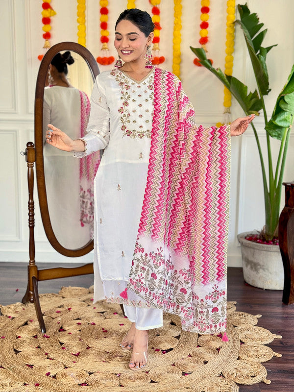 Women's Viscose Chanderi Embroidered Straight Kurta with  Pant And Silk Printed Dupatta Sets | womensfashionfun