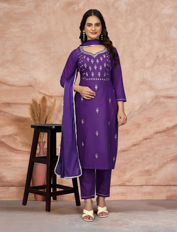 Women's Embroidered Cotton Blend Kurti With Pant & Dupatta Set