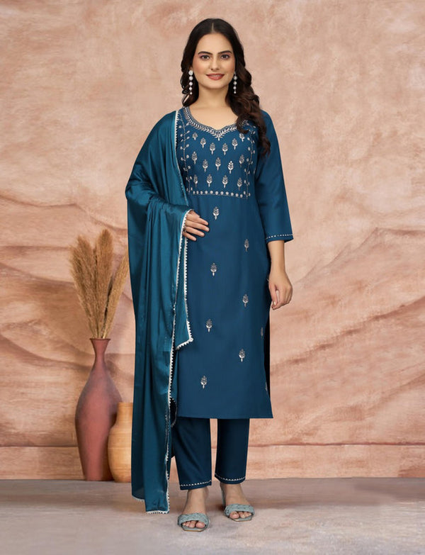 Women's Embroidered Cotton Blend Kurti With Pant & Dupatta Set