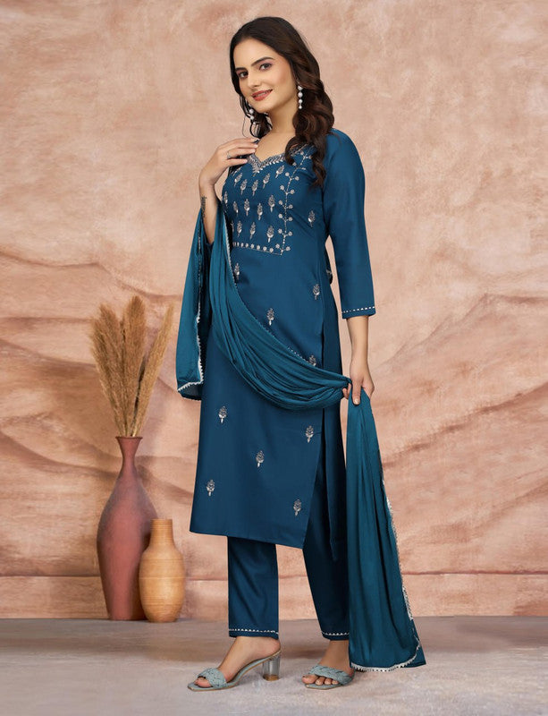 Women's Embroidered Cotton Blend Kurti With Pant & Dupatta Set