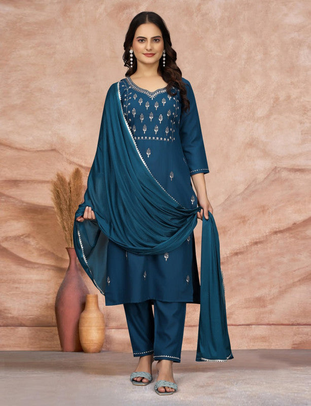 Women's Embroidered Cotton Blend Kurti With Pant & Dupatta Set