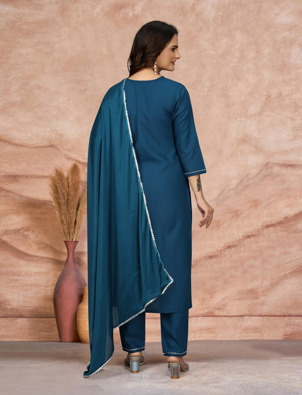 Women's Embroidered Cotton Blend Kurti With Pant & Dupatta Set