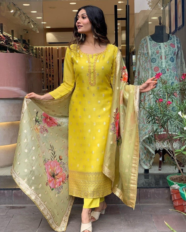 Women's Embroidered Viscose organza Kurti With Pant & Dupatta Set