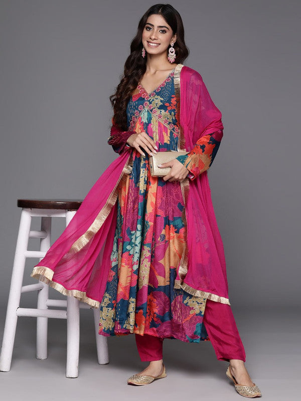 Women's Embroidered Chiffon Kurti With Pant & Dupatta Set