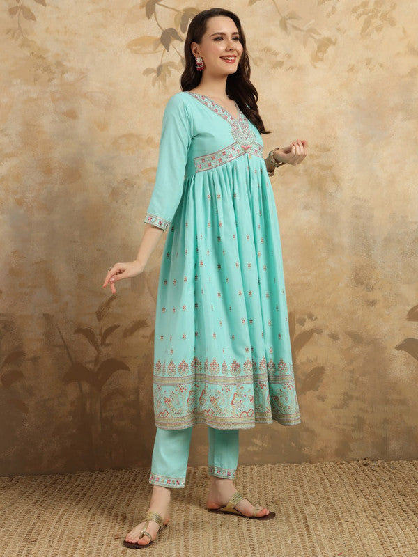 Women's Embroidered Rayon Slub with Foil Kurti With Pant & Dupatta Set