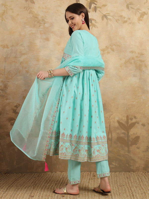 Women's Embroidered Rayon Slub with Foil Kurti With Pant & Dupatta Set