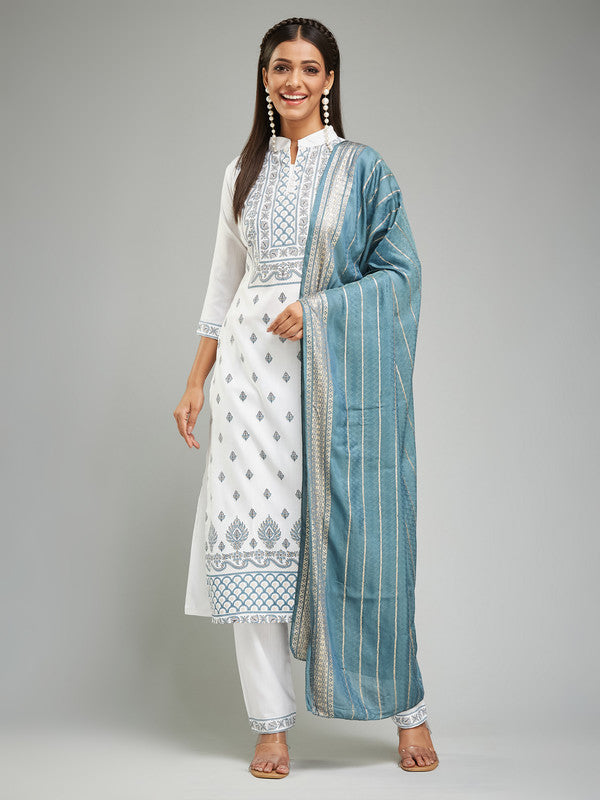 Women's Rayon Khadi Printed Straight Kurta with Pant And Dupatta Sets | womensfashionfun