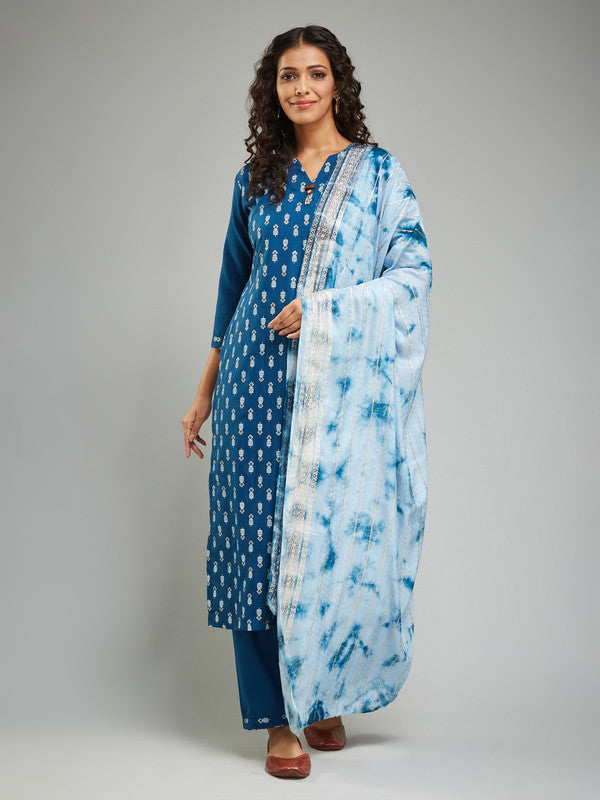 Women's Rayon Khadi Printed Straight Kurta with Pant And Dupatta Sets | womensfashionfun