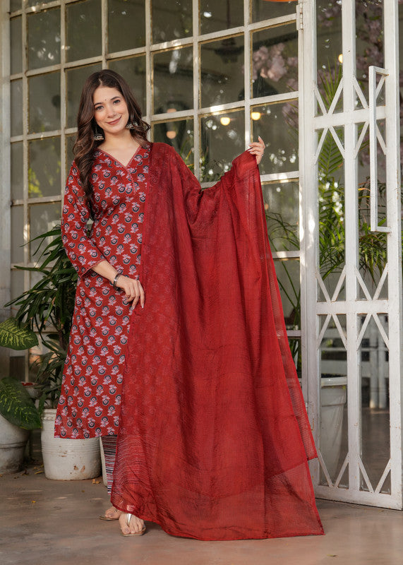 Women's Pure Cotton Printed Straight Kurta with Pant And Dupatta Sets | womensfashionfun