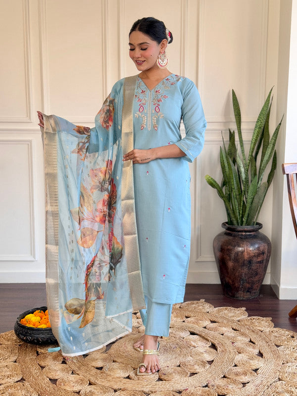 Women's Viscose Chanderi Embroidered Straight Kurta with Pant And Silk Printed Dupatta Sets | womensfashionfun