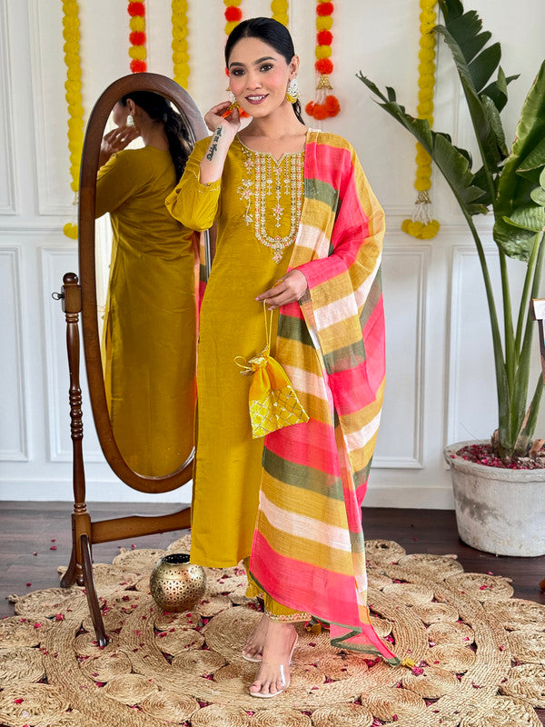 Women's Viscose Chanderi with Embroidered Straight Kurta with Pant And Pure Linen Dupatta Sets | womensfashionfun