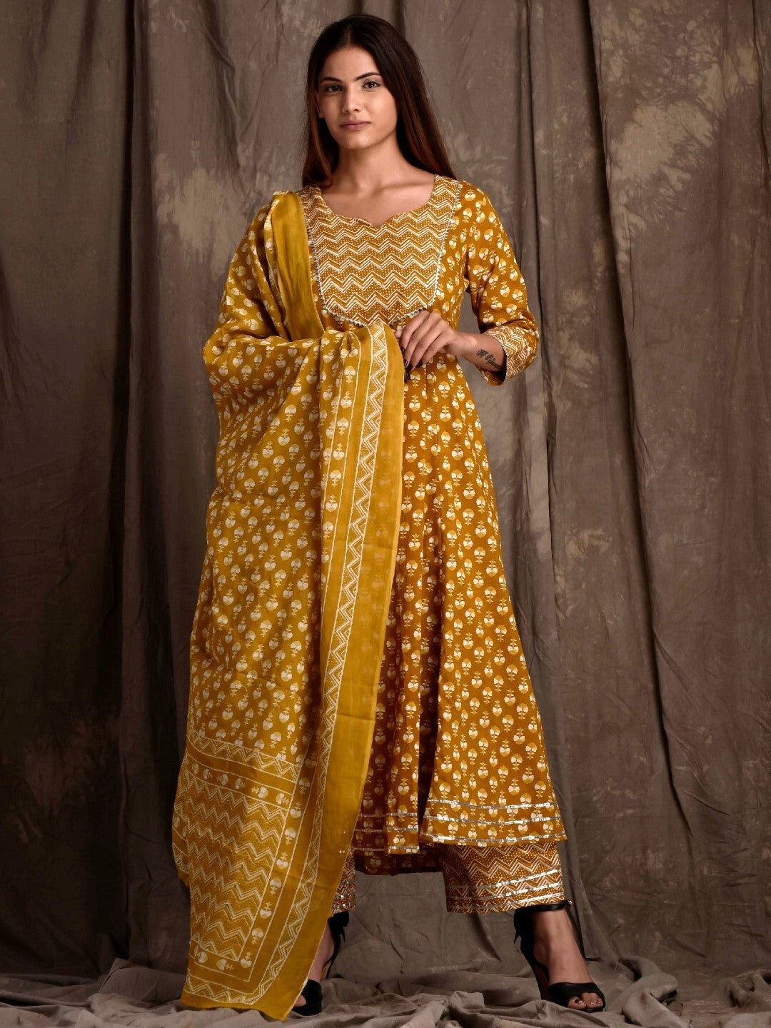 Printed Cotton Kurta Bottom Set With Dupatta