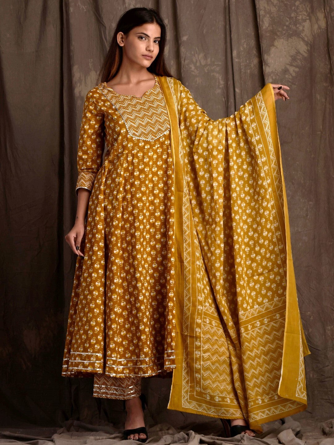 Printed Cotton Kurta Bottom Set With Dupatta