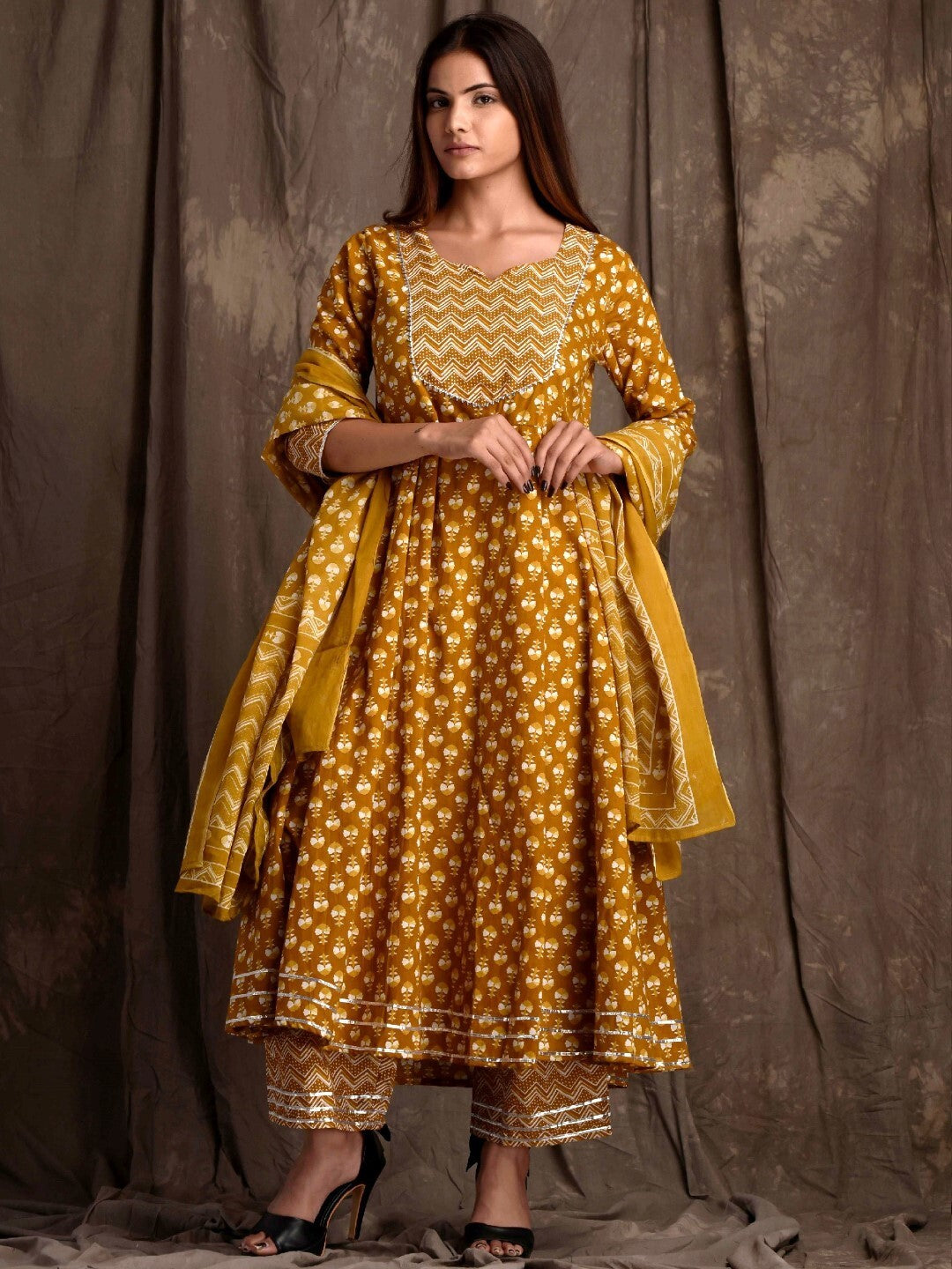 Printed Cotton Kurta Bottom Set With Dupatta